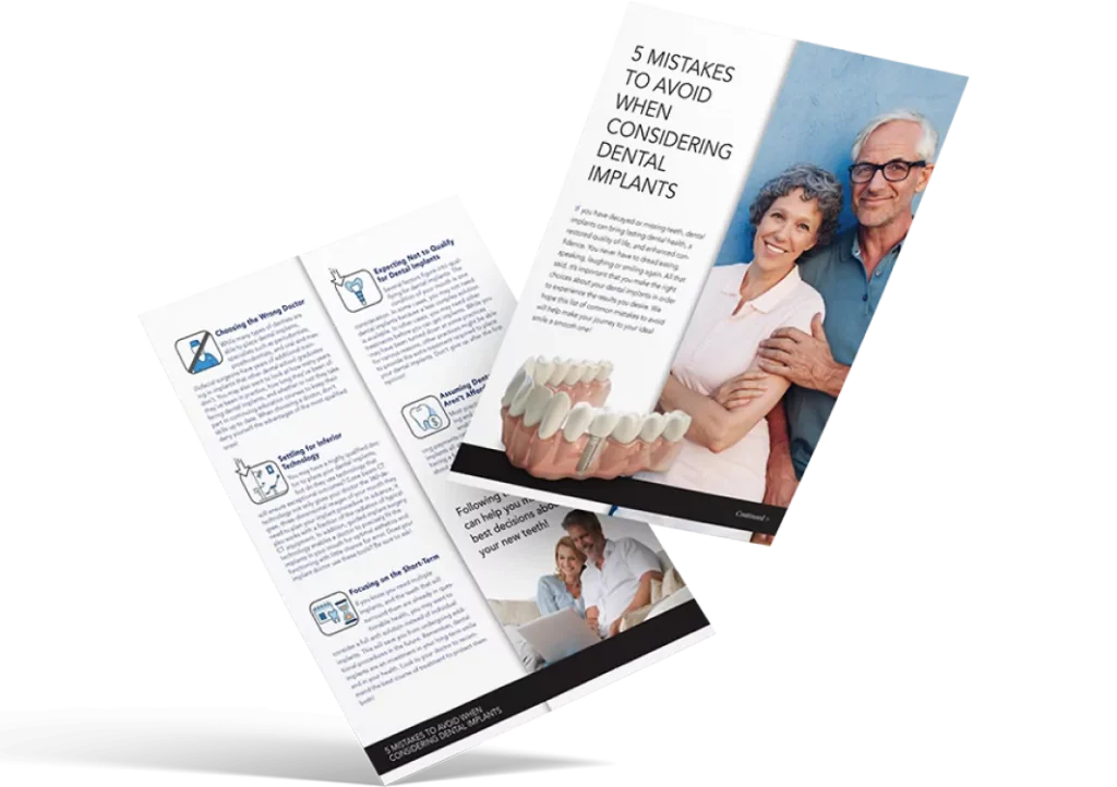 Pamphlet highlighting "5 Mistakes to Avoid When Considering Dental Implants" with a smiling couple, dental image, and detailed text on a sleek black background.